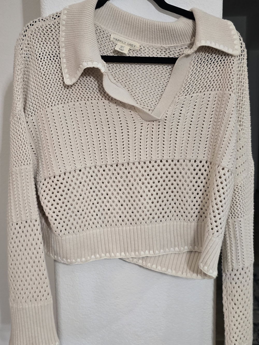 Happily Grey Women's Cream Open-Knit V-Neck Polo Sweater